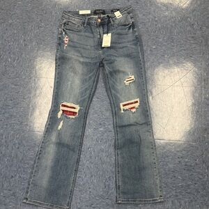 Judy Blue Light Blue Distressed Flare Jeans with Red Accents